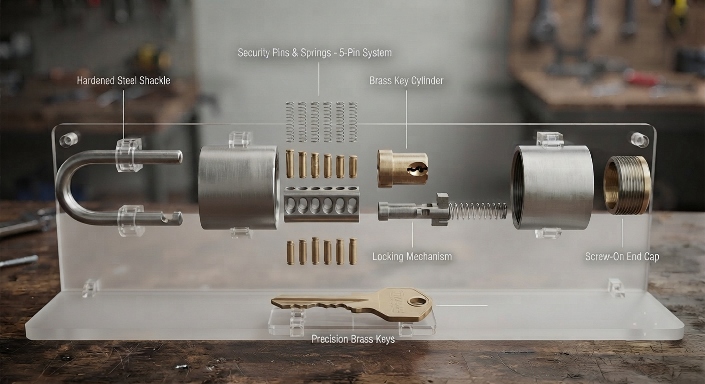 Exploded padlock showing internal components